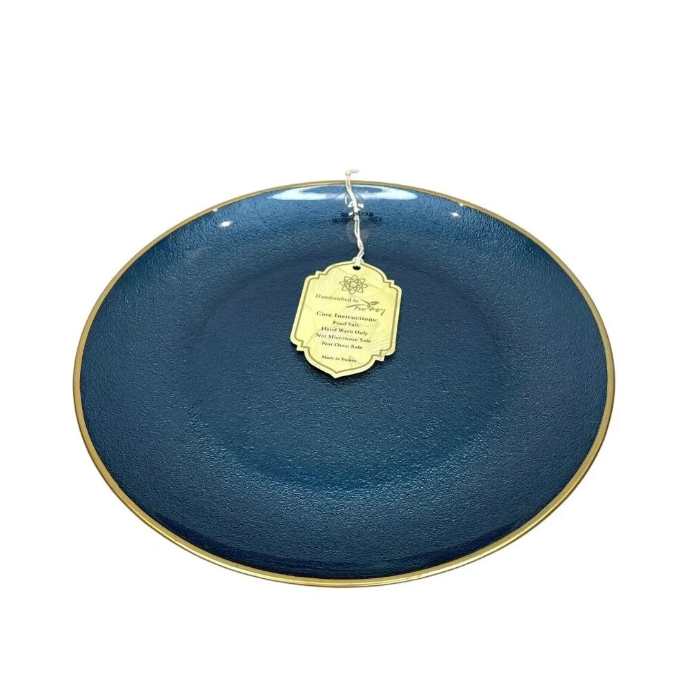 Turkish Glass 4 Entree Dinner Plates Set Blue Textured Gold Rim 11